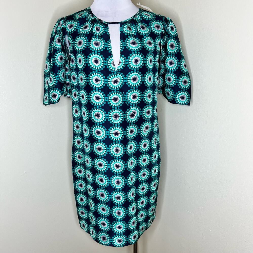 J.Crew Shift Dress 6 Blue Green Floral Surplice Sheath Tulip Sleeve Keyhole New